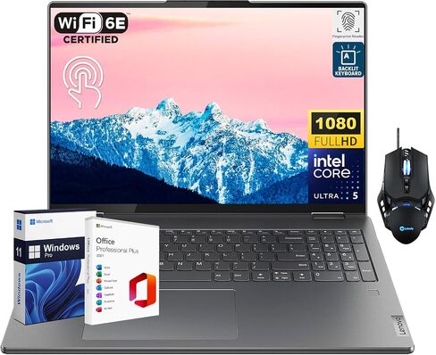 Lenovo Yoga 7i 2-in-1 Business Laptop, 16" 2K Touch screen, Intel Ultra 5 125U, 16GB RAM, 512GB SSD, Backlit KB, Fingerprint Reader, Wi-Fi 6E, Windows 11 Pro, MS Office Lifetime License & Gmaing mouse in Saudi Arabia