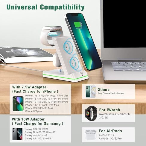 Wireless Charger for Apple Devices, 3 in 1 Magnetic Charger Station,18W Fast Charger Stand, Fast Charging Stand Dock for Apple Watch Series & AirPods in Saudi Arabia