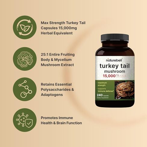 NatureBell Turkey Tail Mushroom Capsules 15,000mg Per Serving, 240 Count | 25:1 Fruiting Body & Mycelium Extract – Immune & Brain Health Mushrooms Supplement in Saudi Arabia