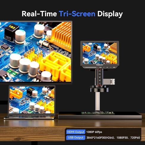 مجهر التركيز التلقائي TOMLOV 4K TM4K-AF Max، مجهر رقمي HDMI مقاس 10.1 بوصة مع ذراع مرن دوار، مجهر لحام صغير لإصلاح الإلكترونيات، مجهر عملة خطأ 52 ميجابكسل رؤية كاملة، ضوء حلقة، 64 جيجا in Kuwait