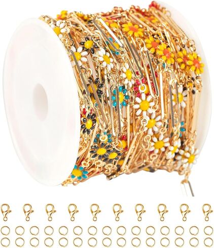 YOUBEIYEE 16.4 Feet Colorful Daisy Chain Necklace DIY for Women Gold Plated Brass Cross Chain with Bead Jewelry Chain Roll Jewelry Supplies Findings in Kuwait