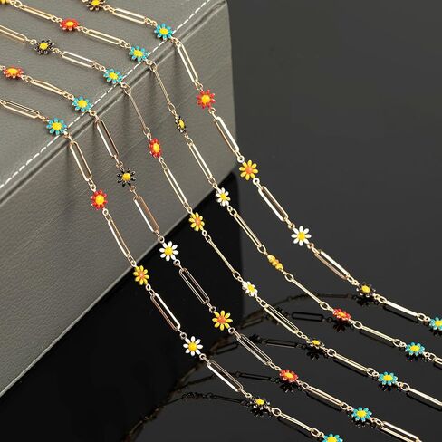 YOUBEIYEE 16.4 Feet Colorful Daisy Chain Necklace DIY for Women Gold Plated Brass Cross Chain with Bead Jewelry Chain Roll Jewelry Supplies Findings in Kuwait