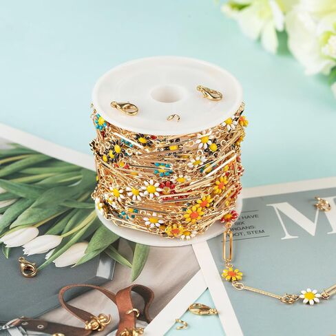 YOUBEIYEE 16.4 Feet Colorful Daisy Chain Necklace DIY for Women Gold Plated Brass Cross Chain with Bead Jewelry Chain Roll Jewelry Supplies Findings in Kuwait