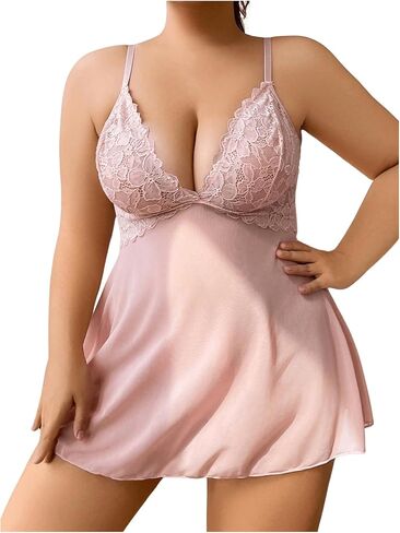 SHENHE Women's Plus Size Sheer Mesh Lace Floral Embroidery Babydoll Lingerie Dress and Thong Set in Saudi Arabia