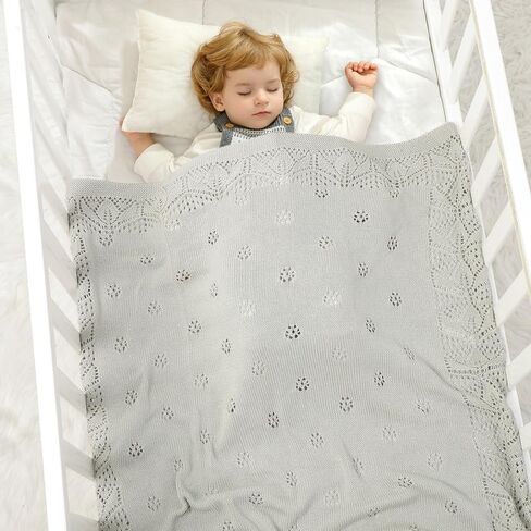 LAWKUL Cellular Blanket Baby 100% Cotton Knitted Soft Knit Crochet Blankets for Newborn Boy Girls Toddler Light Grey 100x80cm in Kuwait