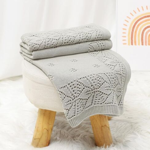 LAWKUL Cellular Blanket Baby 100% Cotton Knitted Soft Knit Crochet Blankets for Newborn Boy Girls Toddler Light Grey 100x80cm in Kuwait