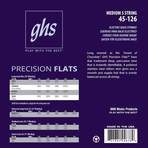 GHS Strings 3025 4-String Bass Precision Flats, Stainless Steel Flatwound Bass Strings, 38" Winding, Light (.045-.095) in Kuwait