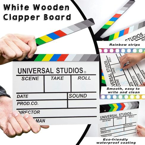 MCPINKY White Movie Clapboard, Wooden Clapper Board Rainbow Color Professional Film Slate for Film Props Director in Kuwait