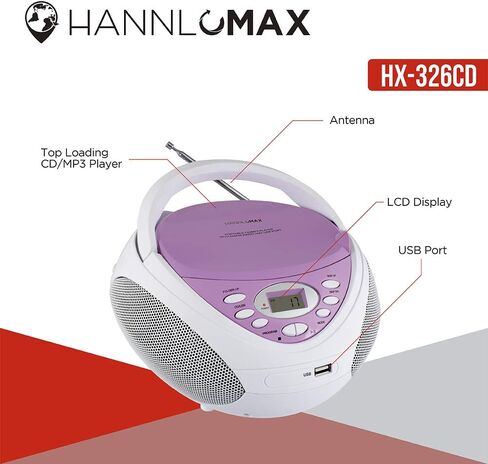 مشغل CD/MP3 محمول من HANNLOMAX HX-326CD، راديو AM/FM، منفذ USB لتشغيل MP3 Aux-in (أرجواني) in Kuwait