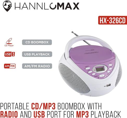 مشغل CD/MP3 محمول من HANNLOMAX HX-326CD، راديو AM/FM، منفذ USB لتشغيل MP3 Aux-in (أرجواني) in Kuwait