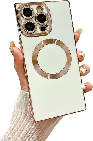 Owncase for iPhone 16 Pro Max Case Rectangle Magnetic [Compatible with Magsafe] Full Camera Lens Protection & Electroplate Reinforced Corners Shockproof Soft TPU Edge Bumper for 16 Pro Max (White) in Saudi Arabia