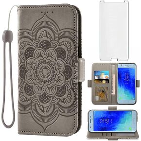 Asuwish Compatible with Samsung Galaxy J3 Orbit J 3 Star 2018 3J Achieve Wallet Case and Glass Screen Protector Flip Card Holder Cell Phone Cover for Glaxay J3V V 3rd Gen SM J337A J337V J337 Purple