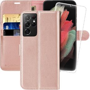 MONASAY Wallet Case Compatible for Galaxy S21 Ultra 5G, 6.8 inch [Screen Protector Included][RFID Blocking] Flip Folio Leather Cell Phone Cover with Credit Card Holder, Brown