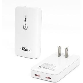 Flat 2-Port USB C Wall Charger Used Behind Furniture 65W USB-C Charger Fast Charging for iPhone 15, Pro Max/Samsung Galaxy Models (White)
