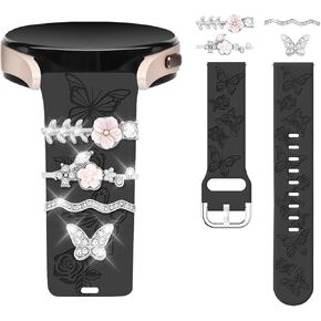 Watbro Floral Engraved Band and Decorative Rings Loops Compatible with Samsung Galaxy Watch 7/FE/6/5/4 Band with Charms,20mm Soft Silicone Sport Band for Garmin Vivoactive 5/Vivoactive 3 Smart Watch