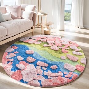YIHOUSE Modern Round Area Rug, Grass Green Moss Aesthetic Rug for Bedroom Non-Slip Throw Shag Fluffy Carpet Washable Circle Rug for Kids Room Girls Baby Living Room Home Dorm Decor(Summer, 5x5Ft)