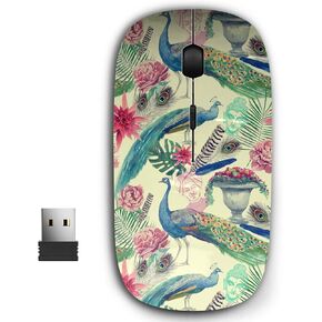 2.4G Ergonomic Portable USB Wireless Mouse for PC, Laptop, Computer, Notebook with Nano Receiver (Watercolor Peacocks Flowers)
