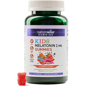 Naturewise Kids Melatonin Gummy 1 mg - Occasional Sleep Support Supplement - Drug-Free Sleep Aid for Kids Ages 4 & Up - Strawberry Flavored - Vegan, Gluten Free, Non-GMO - 60 Gummies[2-Month Supply]