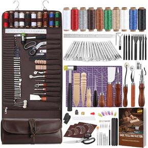 BAGERLA 315PCS Leather Craft Tools, Upgraded Leather Tools for Leather Working with Custom Storage Bag Cutting Mat Stamping Punching Groover Carving Binding Grinding Cutting Tools Leather Tooling Kit