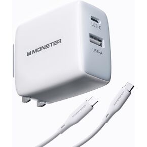 Monster 65W USB C Charger Block, PPS 2-Port, Foldable GaN Fast Charger, Heat-Free Ensure Security for iPhone 15 Pro Max/14/13, iPad, MacBook, Samsung Galaxy S24, Pixel and More, with Silicone Cable