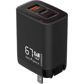 67W USB C Charger, GaN 3-Port Compact Fast PPS Wall Charger, for MacBook Pro/Air, Pixelbook, iPad Pro, iPhone 15/14/Pro, Galaxy S23/S22, Note20, Pixel, Apple Watch, and More