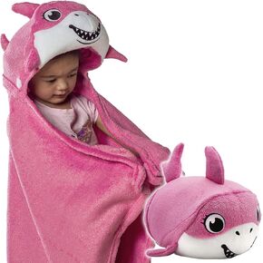 Comfy Critters Blanket Hoodie for Kids, Hooded Blanket, Blanket Pillow Combo, Kids Travel Blanket, Wearable Kids' Shark Blanket (Bubbles The Shark)