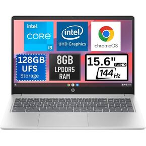 HP Chromebook Plus 15.6 Inch 15a-nb0003ca FHD Laptop 144Hz IPS Intel Core i3-N305 8GB LPDDR5 RAM 128GB UFS Intel UHD Graphics microSD Card Reader USB Type C Ports, Chrome OS, Natural Silver (Renewed)