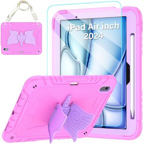 for iPad Air 11 Inch Case 2024 (M2) with Tempered Glass Screen Protector,Unicorn Stand,Pencil Holder Shoulder Strap,Shockproof Protective for iPad Air 6th Generation Case Kids (Colourful)