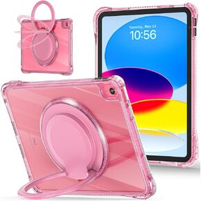 MEEgoodo Case for iPad 10th Generation 10.9 inch Cover 2022, Glitter Tablet Cases with Soft TPU & Transparent PC & Rotating Stand for Kids, Pink