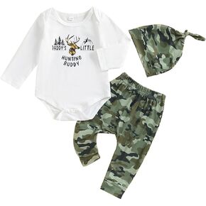 Newborn Baby Boy Hunting Clothes Long Sleeve Romper Camouflage Pant Set Beanie Hat 3 Piece Outfit