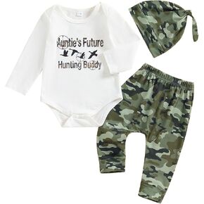 Newborn Baby Boy Hunting Clothes Long Sleeve Romper Camouflage Pant Set Beanie Hat 3 Piece Outfit