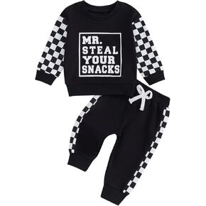 Toddler Baby Boy Outfits Checkerboard Long Sleeve Letter Sweatshirt+Jogger Pants Set Fall Winter Kids Boy Clothes
