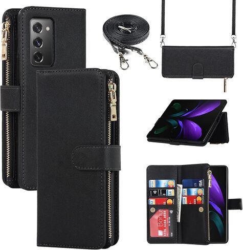 Jaorty for Samsung Galaxy Z Fold 2 5G Wallet Case with S Pen Holder,[9 Card Slots] Adjustable Crossbody Necklace Lanyard Shoulder Strap Zipper PU Leather Case for Samsung Z Fold 2, Black in Saudi Arabia