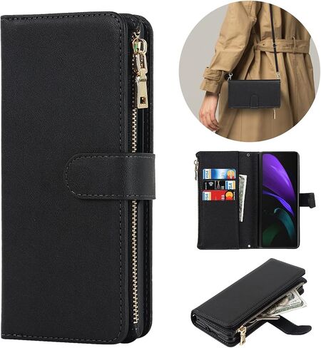Jaorty for Samsung Galaxy Z Fold 2 5G Wallet Case with S Pen Holder,[9 Card Slots] Adjustable Crossbody Necklace Lanyard Shoulder Strap Zipper PU Leather Case for Samsung Z Fold 2, Black in Saudi Arabia