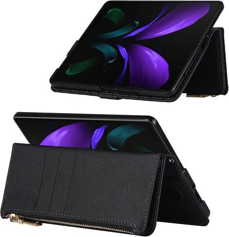 Jaorty for Samsung Galaxy Z Fold 2 5G Wallet Case with S Pen Holder,[9 Card Slots] Adjustable Crossbody Necklace Lanyard Shoulder Strap Zipper PU Leather Case for Samsung Z Fold 2, Black in Saudi Arabia