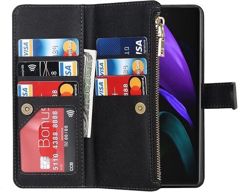Jaorty for Samsung Galaxy Z Fold 2 5G Wallet Case with S Pen Holder,[9 Card Slots] Adjustable Crossbody Necklace Lanyard Shoulder Strap Zipper PU Leather Case for Samsung Z Fold 2, Black in Saudi Arabia