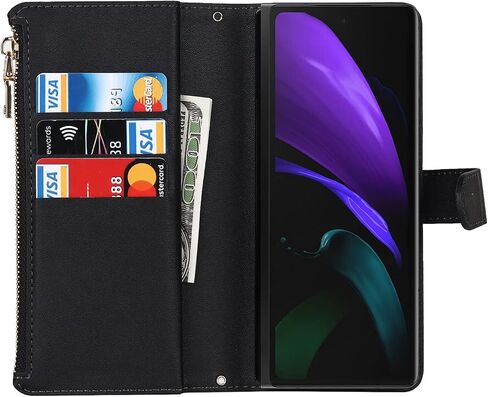 Jaorty for Samsung Galaxy Z Fold 2 5G Wallet Case with S Pen Holder,[9 Card Slots] Adjustable Crossbody Necklace Lanyard Shoulder Strap Zipper PU Leather Case for Samsung Z Fold 2, Black in Saudi Arabia