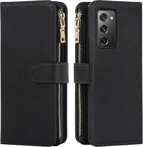 Jaorty for Samsung Galaxy Z Fold 2 5G Wallet Case with S Pen Holder,[9 Card Slots] Adjustable Crossbody Necklace Lanyard Shoulder Strap Zipper PU Leather Case for Samsung Z Fold 2, Black in Saudi Arabia