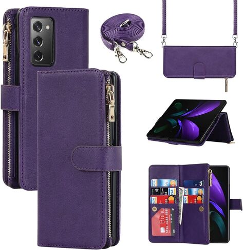 Jaorty for Samsung Galaxy Z Fold 2 5G Wallet Case with S Pen Holder,[9 Card Slots] Adjustable Crossbody Necklace Lanyard Shoulder Strap Zipper PU Leather Case for Samsung Z Fold 2, Black in Saudi Arabia
