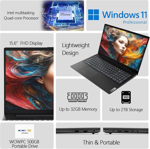 أحدث كمبيوتر محمول V15 FHD من Lenovo، معالج Intel رباعي النواة، ذاكرة الوصول العشوائي 32 جيجابايت، 1 تيرابايت SSD، شاشة 15.6 بوصة FHD 1080 بكسل، إيثرنت RJ-45، مثالي للمهام المتعددة أثناء التنقل، Windows 11 Pro، وحدة تخزين محمولة WOWPC بسعة 500 جيجابايت in Kuwait