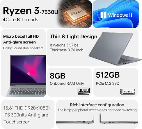 كمبيوتر محمول شخصي Lenovo IdeaPad Slim 3، شاشة لمس 15.6 بوصة FHD 1920*1080، AMD Ryzen 3 7330U، ذاكرة وصول عشوائي 8 جيجابايت فقط، 512 جيجابايت SSD، Wi-Fi 6، قارئ بصمات الأصابع، كاميرا ويب، لوحة مفاتيح بإضاءة خلفية، Windows 11 Home، رمادي in Saudi Arabia
