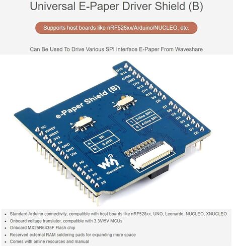 waveshare Universal e-Paper Raw Panel Driver Shield Compatible with Arduino,etc, Onboard MX25R6435F Flash Chip, Supports Expanding External RAM, Suitable SPI Interface Raw e-Paper in Saudi Arabia