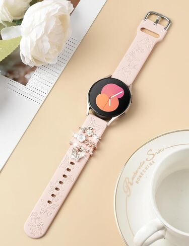 حزام Watbro منقوش بالزهور وحلقات حلقات زخرفية متوافقة مع ساعة Samsung Galaxy Watch 7/FE/6/5/4 مع سحر، سوار رياضي من السيليكون الناعم 20 مم لساعة Garmin Vivoactive 5/Vivoactive 3 الذكية in Kuwait