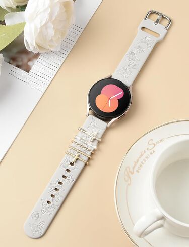 حزام Watbro منقوش بالزهور وحلقات حلقات زخرفية متوافقة مع ساعة Samsung Galaxy Watch 7/FE/6/5/4 مع سحر، سوار رياضي من السيليكون الناعم 20 مم لساعة Garmin Vivoactive 5/Vivoactive 3 الذكية in Kuwait