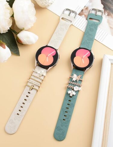 حزام Watbro منقوش بالزهور وحلقات حلقات زخرفية متوافقة مع ساعة Samsung Galaxy Watch 7/FE/6/5/4 مع سحر، سوار رياضي من السيليكون الناعم 20 مم لساعة Garmin Vivoactive 5/Vivoactive 3 الذكية in Kuwait