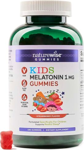 Naturewise Kids Melatonin Gummy 1 mg - Occasional Sleep Support Supplement - Drug-Free Sleep Aid for Kids Ages 4 & Up - Strawberry Flavored - Vegan, Gluten Free, Non-GMO - 60 Gummies[2-Month Supply] in Saudi Arabia