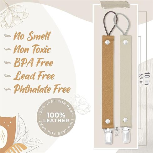Giga Pack of 2 Baby Pacifier Clips are Handmade with 100percent Natural Leather Material and Our Product which has Prevents The Little Ones' Pacifiers Small Toys and teether Dark Brown and White in Saudi Arabia