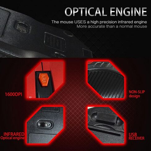 ماوس 2.4 جيجا بايت 3 مستويات من الدقة القابلة للتعديل لجهاز كمبيوتر بصري خارجي مع جهاز استقبال USB وعجلة تمرير 4 اتجاهات تتحرك بشكل أنيق للألعاب والمكتب (أحمر) in Kuwait