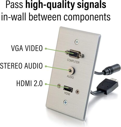 C2G Legrand HDMI VGA وAUX ممر جداري، إدارة كابلات الحائط، لوحة حائط ألومنيوم تمر عبر لوحة الحائط، فضي، عدد 1، C2G 39707 in Kuwait