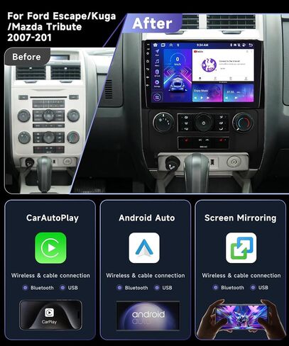 8 Core 6G+128G for Ford Escape/Ford Kuga/Mazda Tribute 2007-2012 راديو ستيريو للسيارة مع CarPlay لاسلكي Android Auto/9 بوصة 1280x720P IPS لمس/BT5.0/GPS/WiFi/DSP/46 EQ/كاميرا احتياطية in Saudi Arabia